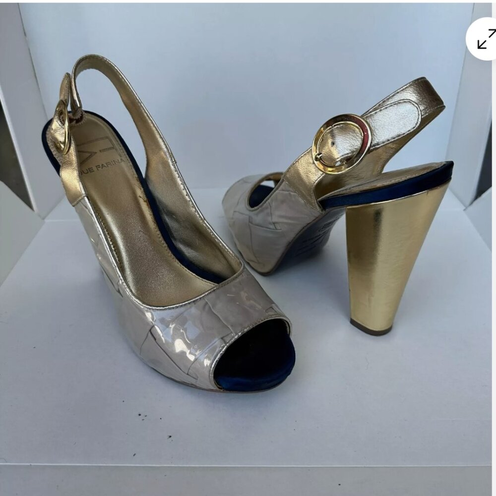 due farina heels size 8.5 taupe and gold with blocky heel
